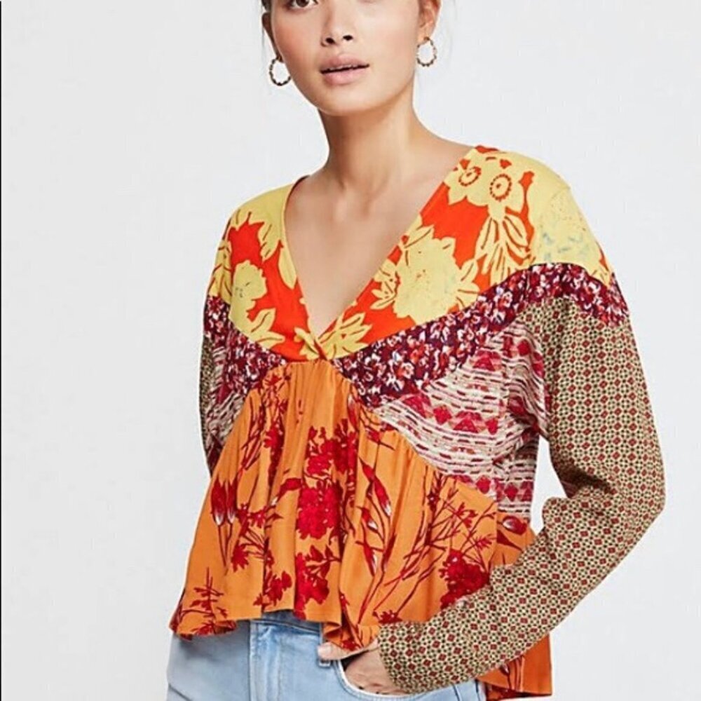 Free People Patchwork Peplum Boho Blouse Tangerine Aloha State of Mind – Small